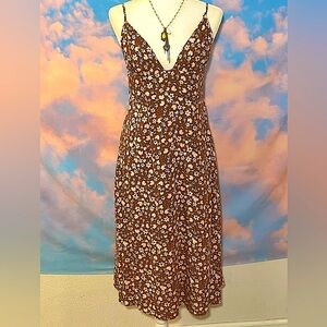 Stylish Brown Floral Deep V Sundress (Sz. Medium)